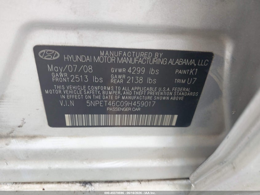 2009 Hyundai Sonata VIN 5NPET46C09H459017 IAAI salvage auction — LEFT FRONT, Clear (Alabama), sold $300 on 2026-07-14 (photo 9)