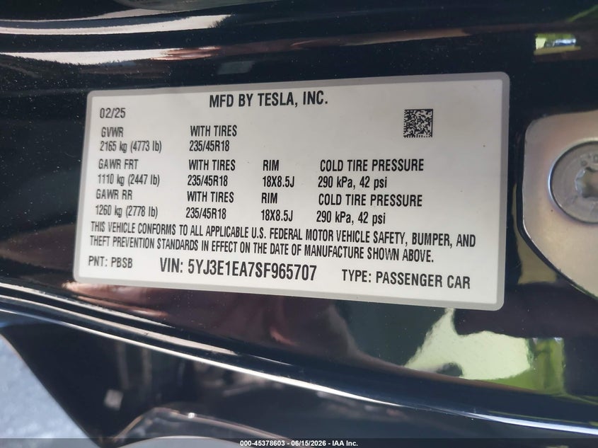 2025 Tesla Model 3 VIN 5YJ3E1EA7SF965707 IAAI salvage auction — LEFT REAR, Salvage Certificate (California), sold $14,150 on 2026-07-31 (photo 9)