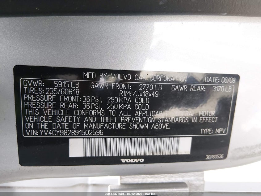 2009 Volvo Xc90 VIN YV4CY982891502596 IAAI salvage auction — NORMAL WEAR, Clear (Georgia), sold $375 on 2026-08-20 (photo 9)