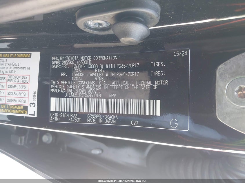 2024 Toyota 4runner VIN JTENU5JR7R6286018 IAAI salvage auction — FRONT & REAR, Salvage (California), sold $9,300 on 2026-07-29 (photo 9)