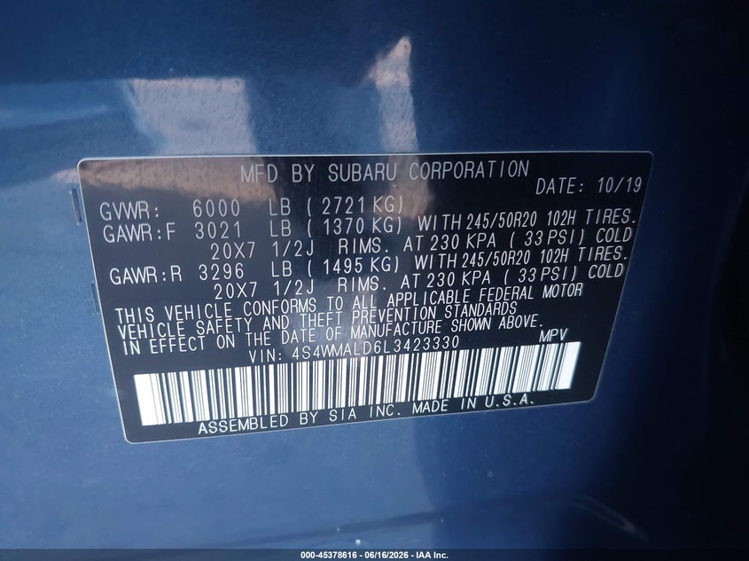 2020 Subaru Ascent VIN 4S4WMALD6L3423330 IAAI salvage auction — LEFT REAR, Salvage Certificate (California), sold $5,000 on 2026-07-10 (photo 9)