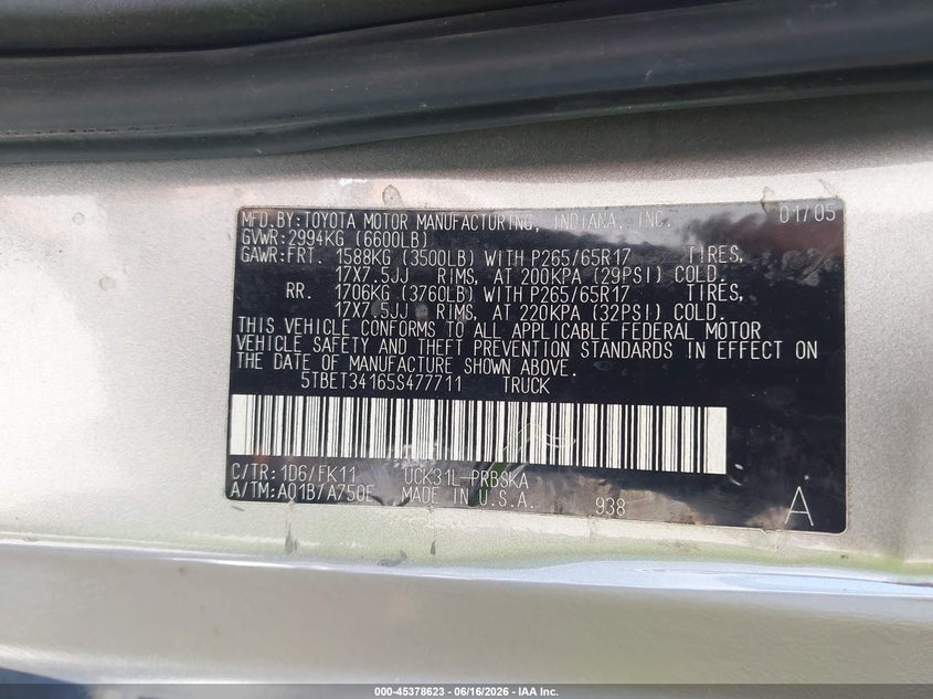 2005 Toyota Tundra VIN 5TBET34165S477711 IAAI salvage auction — FRONT END, Salvage (California), sold $1,775 on 2026-07-08 (photo 9)