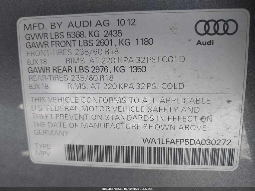 2013 Audi Q5 VIN WA1LFAFP5DA030272 IAAI salvage auction — NORMAL WEAR, Salvage Title, sold $1,825 on 2026-07-27 (photo 9)