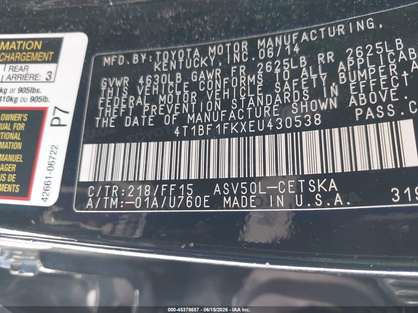 2014 Toyota Camry VIN 4T1BF1FKXEU430538 IAAI salvage auction — REAR END, Salvage (California), sold $1,350 on 2026-08-03 (photo 9)