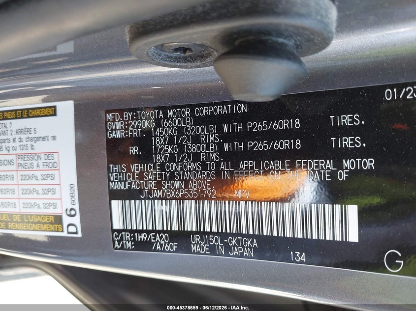 2023 Lexus Gx VIN JTJAM7BX6P5351792 IAAI salvage auction — FRONT END, Salvage (California), sold $24,400 on 2026-07-07 (photo 9)