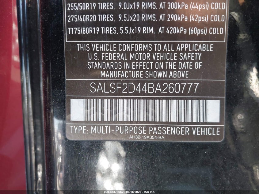 2011 Land rover Range rover sport VIN SALSF2D44BA260777 IAAI salvage auction — RIGHT FRONT, Salvage Certificate (California), sold $900 on 2026-07-08 (photo 9)