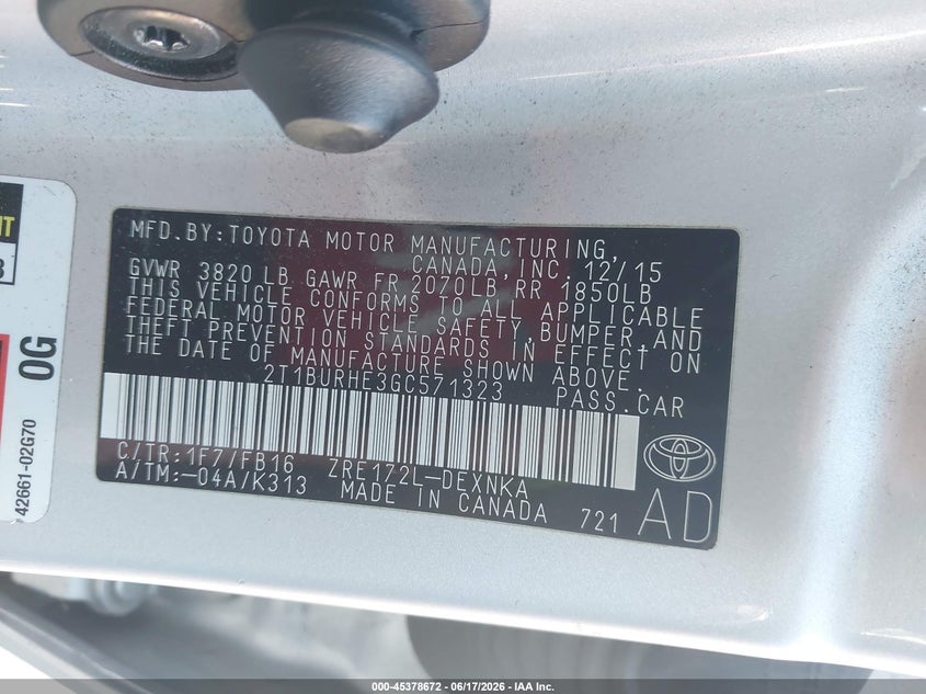 2016 Toyota Corolla VIN 2T1BURHE3GC571323 IAAI salvage auction — RIGHT REAR, Salvage (California), sold $1,850 on 2026-07-09 (photo 9)