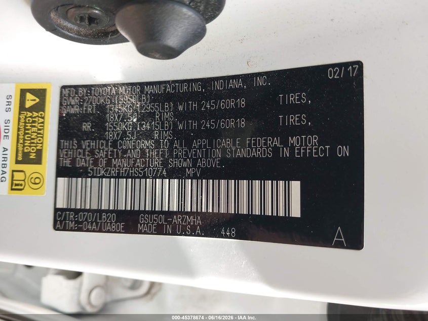 2017 Toyota Highlander VIN 5TDKZRFH7HS510774 IAAI salvage auction — FRONT END, Salvage (Texas), sold $5,050 on 2026-07-21 (photo 9)
