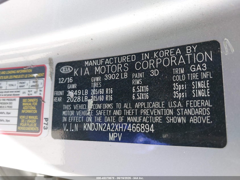 2017 Kia Soul VIN KNDJN2A2XH7466894 IAAI salvage auction — FRONT END, Salvage Certificate (California), sold $25 on 2026-07-15 (photo 9)