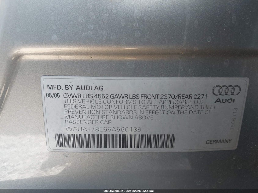 2005 Audi A4 VIN WAUAF78E65A566139 IAAI salvage auction — FRONT END, Salvage (California), sold $200 on 2026-07-17 (photo 9)