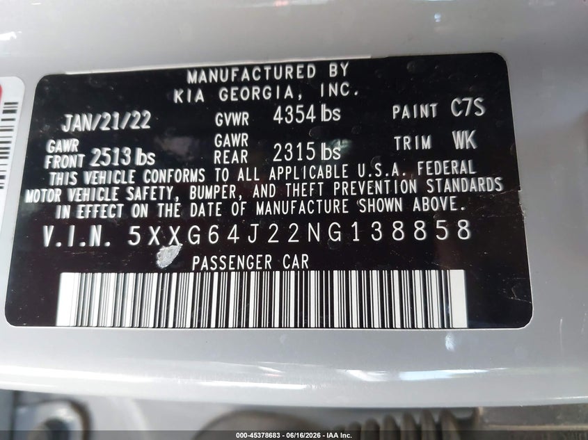 2022 Kia K5 VIN 5XXG64J22NG138858 IAAI salvage auction — RIGHT FRONT, Salvage (Arizona), sold $2,100 on 2026-07-21 (photo 9)