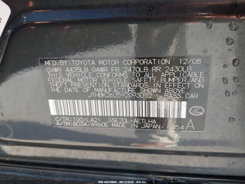 2009 Lexus Is 250 VIN JTHBK262592093072 IAAI salvage auction — LEFT FRONT, Salvage (California), sold $925 on 2026-07-10 (photo 9)