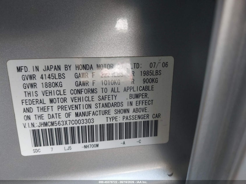 2007 Honda Accord VIN JHMCM563X7C003303 IAAI salvage auction — FRONT END, Salvage (California), sold $500 on 2026-07-07 (photo 9)