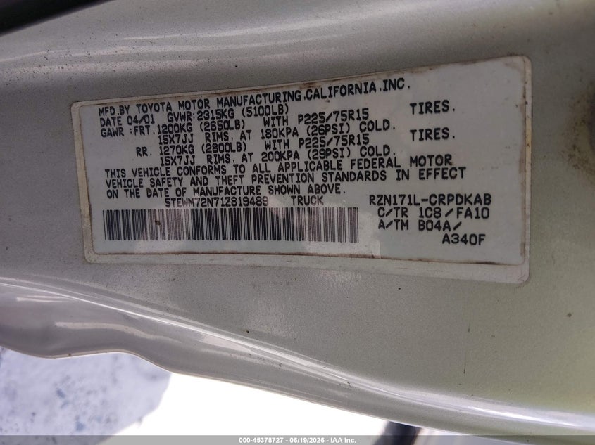 2001 Toyota Tacoma VIN 5TEWM72N71Z819489 IAAI salvage auction — NORMAL WEAR, Clear (Tennessee), sold $5,750 on 2026-07-06 (photo 9)