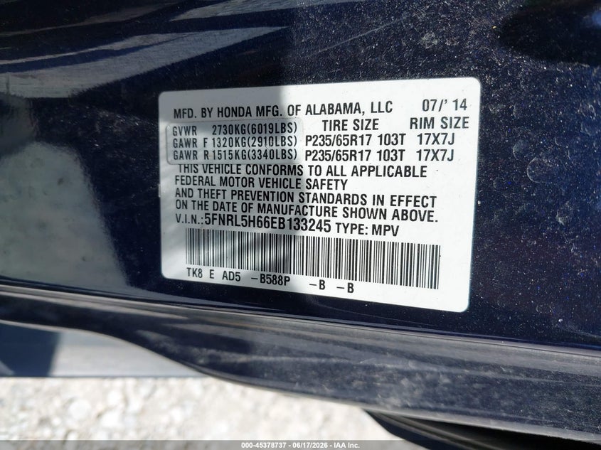 2014 Honda Odyssey VIN 5FNRL5H66EB133245 IAAI salvage auction — LEFT SIDE, Salvage Title, sold $825 on 2026-07-23 (photo 9)
