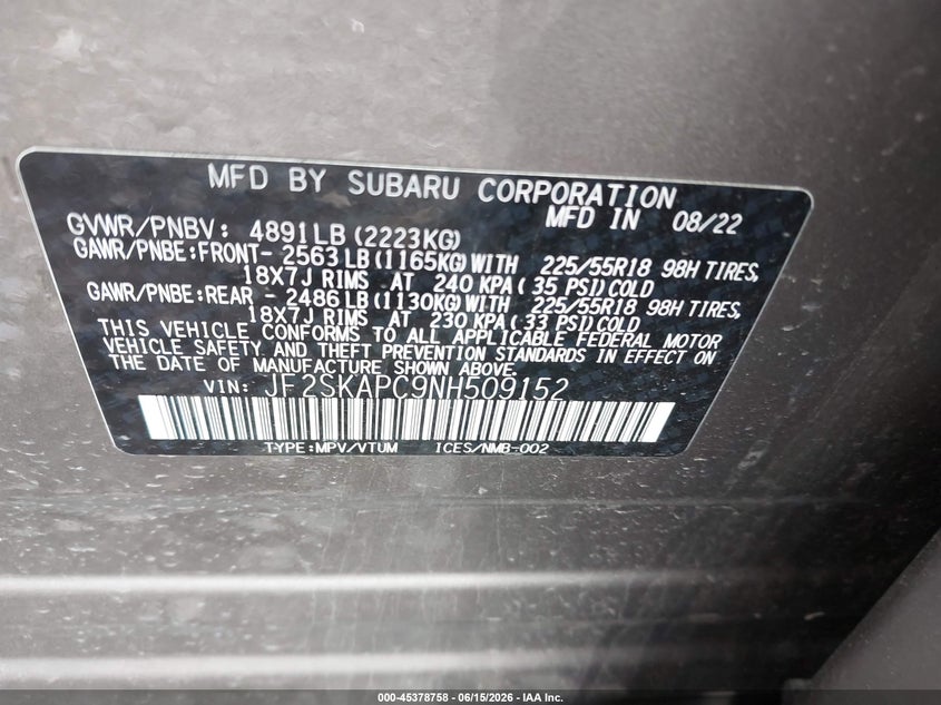 2022 Subaru Forester VIN JF2SKAPC9NH509152 IAAI salvage auction — FRONT END, Mv-907A (New York), sold $6,425 on 2026-07-07 (photo 9)