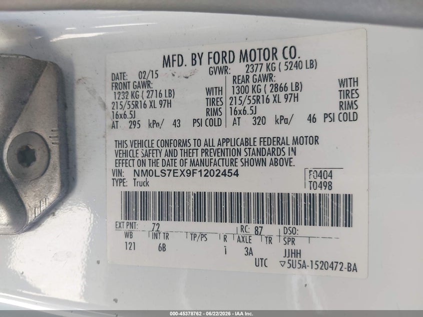 2015 Ford VIN NM0LS7EX9F1202454 IAAI salvage auction — FRONT END, Salvage Title, sold $775 on 2026-07-22 (photo 9)