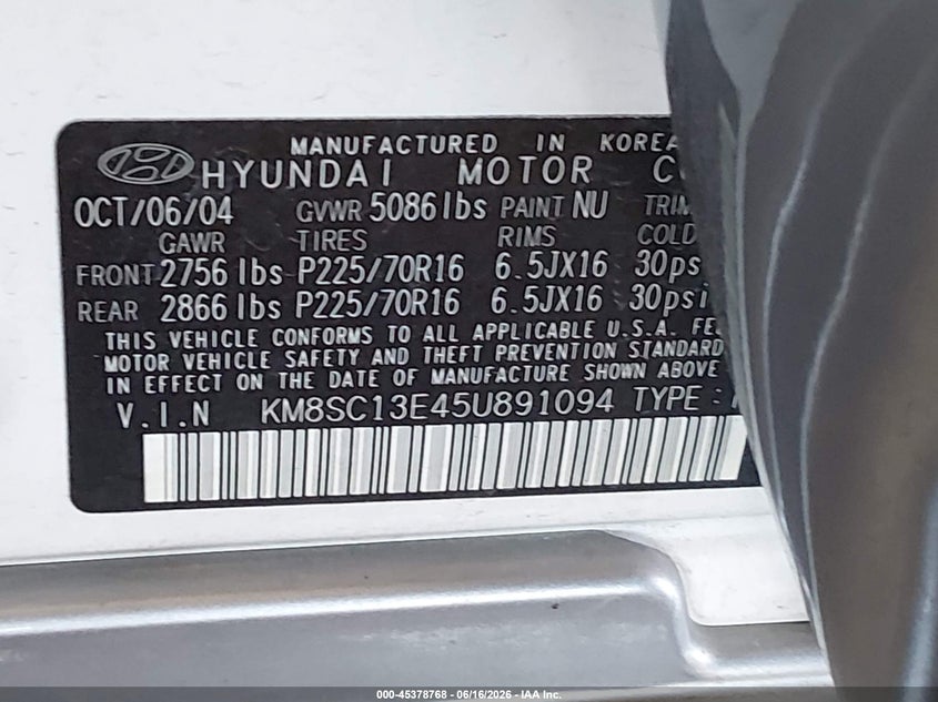 2005 Hyundai Santa fe VIN KM8SC13E45U891094 IAAI salvage auction — RIGHT FRONT, Salvage (Arizona), sold $500 on 2026-07-07 (photo 9)