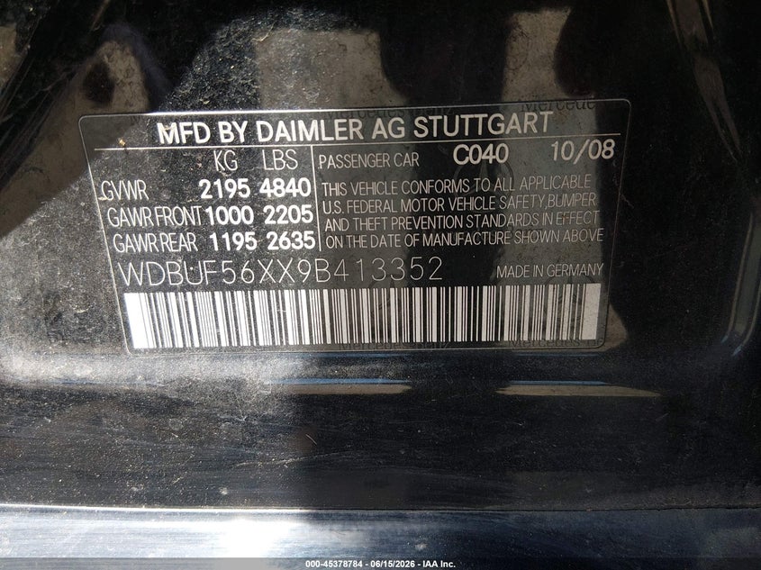 2009 Mercedes-benz E-class VIN WDBUF56XX9B413352 IAAI salvage auction — NORMAL WEAR, Clear - Dealer Only (California), sold $375 on 2026-07-08 (photo 9)