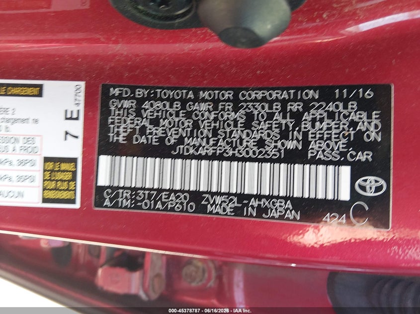 2017 Toyota Prius VIN JTDKARFP3H3002351 IAAI salvage auction — FRONT END, Salvage (Ohio), sold $3,000 on 2026-07-28 (photo 9)