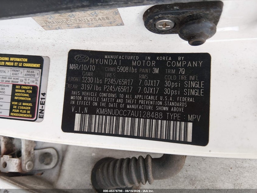 2010 Hyundai Veracruz VIN KM8NUDCC7AU128488 IAAI salvage auction — BIO HAZARD, Clear (Alabama), sold $300 on 2026-07-23 (photo 9)