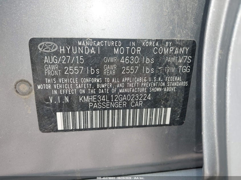 2016 Hyundai Sonata VIN KMHE34L12GA023224 IAAI salvage auction — UNKNOWN, Clear (Wisconsin), sold $475 on 2026-07-22 (photo 9)