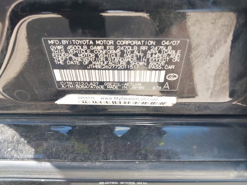 2007 Lexus Is 350 VIN JTHBE262772011511 IAAI salvage auction — SIDE, Salvage (Texas), sold $1,150 on 2026-07-31 (photo 9)