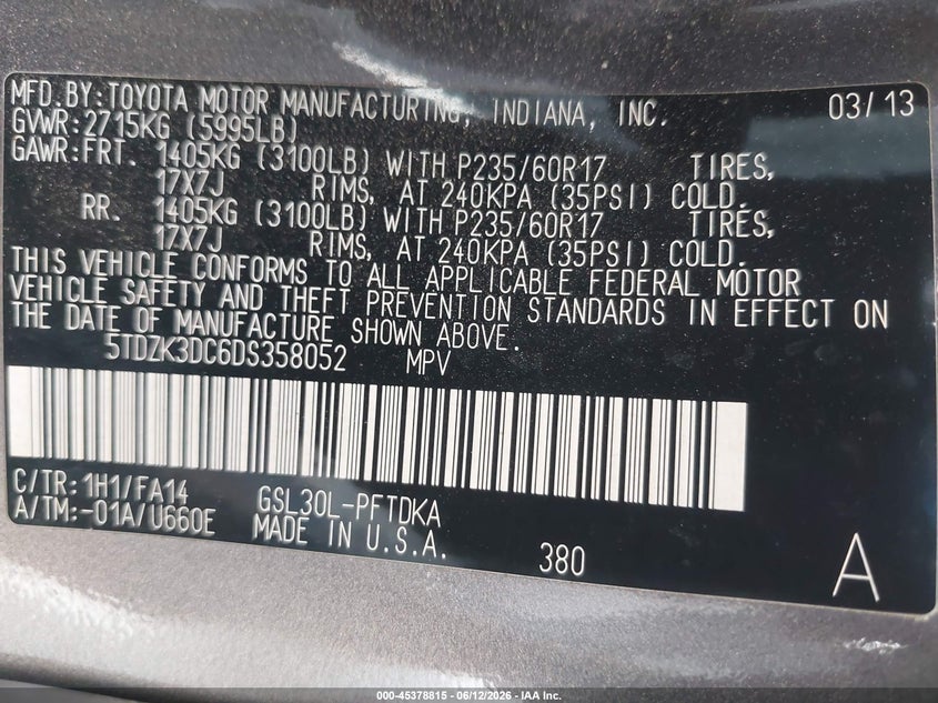 2013 Toyota Sienna VIN 5TDZK3DC6DS358052 IAAI salvage auction — FRONT END, Salvage (California), sold $1,150 on 2026-07-13 (photo 9)