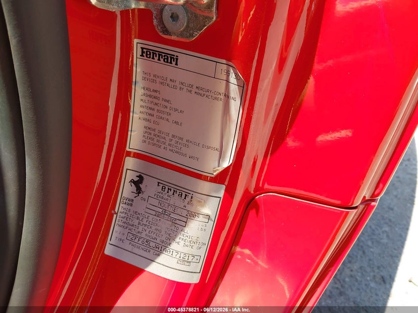 2010 Ferrari California VIN ZFF65LJA1A0171217 IAAI salvage auction — FRONT END, Salvage (California), sold $27,250 on 2026-07-30 (photo 9)