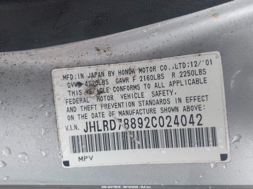 2002 Honda Cr-v VIN JHLRD78892C024042 IAAI salvage auction — RIGHT REAR, Original (Texas), sold $1,300 on 2026-07-15 (photo 9)
