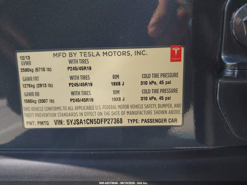 2013 Tesla Model s VIN 5YJSA1CN5DFP27368 IAAI salvage auction — FRONT & REAR, Salvage (California), sold $850 on 2026-07-08 (photo 9)