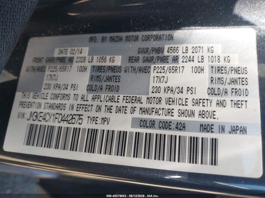 2015 Mazda Cx-5 VIN JM3KE4CY1F0442675 IAAI salvage auction — FRONT END, Salvage Title, sold $2,300 on 2026-07-22 (photo 9)