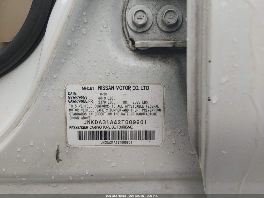 2002 Infiniti I35 VIN JNKDA31A42T009601 IAAI salvage auction — RIGHT FRONT, Repossession Paperwork (South Carolina), sold $400 on 2026-07-08 (photo 9)