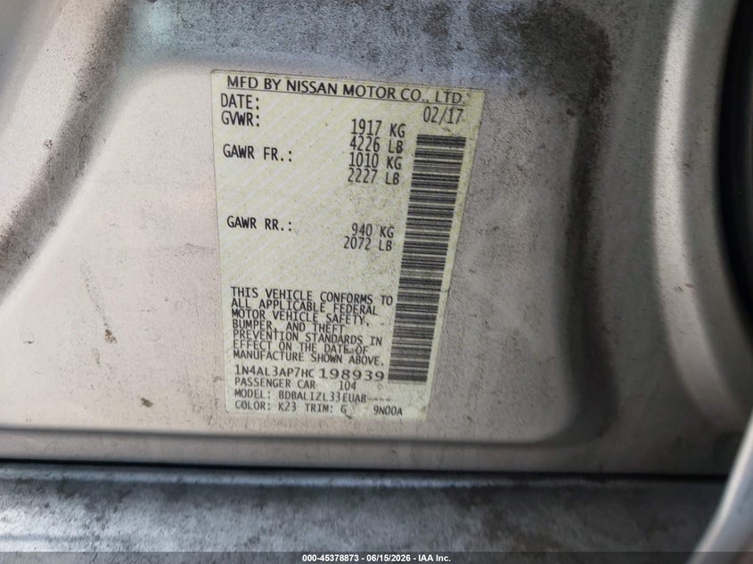 2017 Nissan Altima VIN 1N4AL3AP7HC198939 IAAI salvage auction — RIGHT SIDE, Salvage (California), sold $1,050 on 2026-07-09 (photo 9)