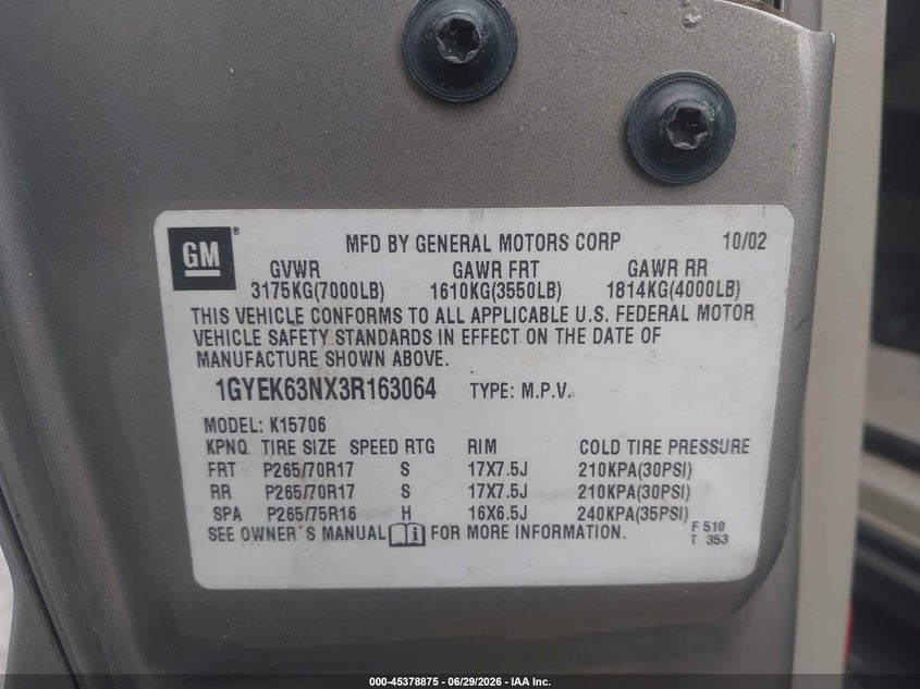 2003 Cadillac Escalade VIN 1GYEK63NX3R163064 IAAI salvage auction — NORMAL WEAR, Repossession Paperwork (Georgia), sold $225 on 2026-07-10 (photo 9)