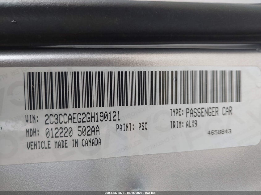 2016 Chrysler 300c VIN 2C3CCAEG2GH190121 IAAI salvage auction — RIGHT REAR, Salvage Title, sold $1,750 on 2026-08-20 (photo 9)