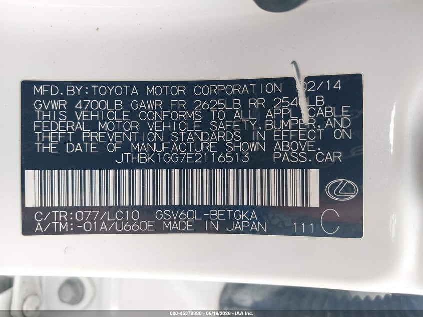 2014 Lexus ES VIN JTHBK1GG7E2116513 IAAI salvage auction — REAR END, Salvage Title, sold $3,700 on 2026-08-02 (photo 9)