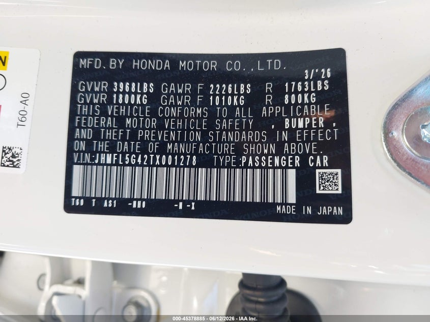 2026 Honda Civic type r VIN JHMFL5G42TX001278 IAAI salvage auction — UNDERCARRIAGE, Salvage Title, sold $27,250 on 2026-07-30 (photo 9)