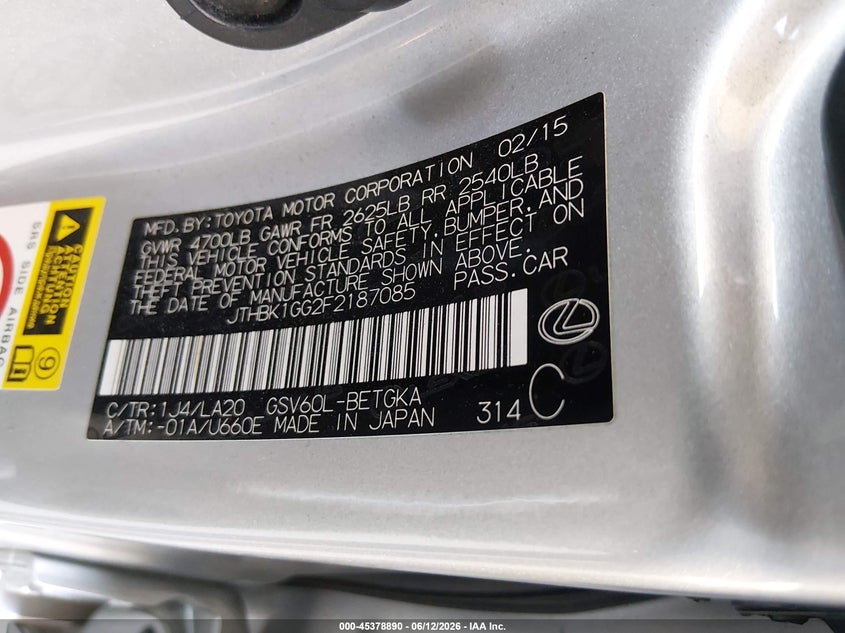 2015 Lexus ES VIN JTHBK1GG2F2187085 IAAI salvage auction — FRONT END, Salvage Title, sold $3,075 on 2026-07-16 (photo 9)