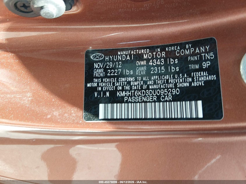 2013 Hyundai Genesis VIN KMHHT6KD3DU095290 IAAI salvage auction — NORMAL WEAR, Clear (Nevada), sold $275 on 2026-07-24 (photo 9)