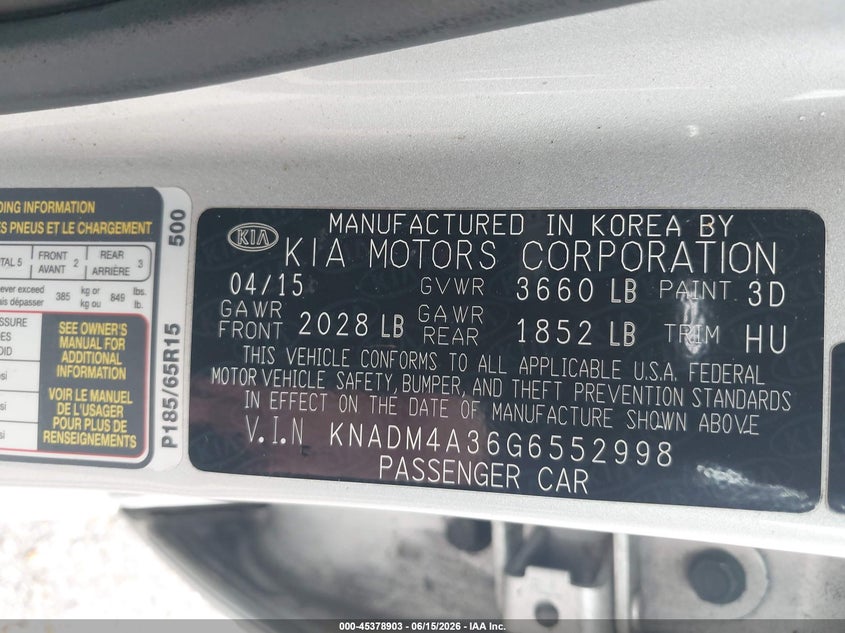 2016 Kia Rio VIN KNADM4A36G6552998 IAAI salvage auction — FRONT END, Original (Texas), sold $825 on 2026-07-15 (photo 9)