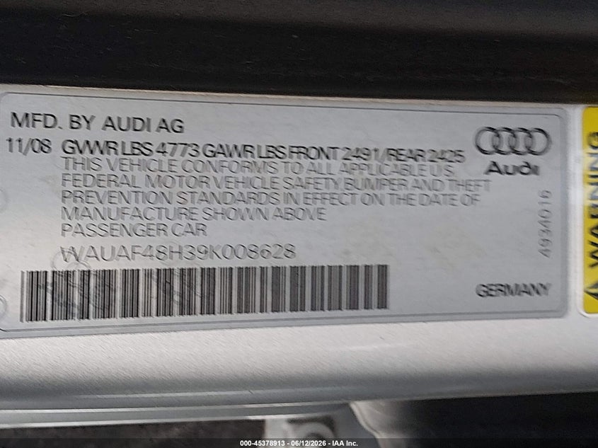 2009 Audi A4 VIN WAUAF48H39K008628 IAAI salvage auction — NORMAL WEAR, Rebuilt-Non-Public (Washington), sold $600 on 2026-07-08 (photo 9)