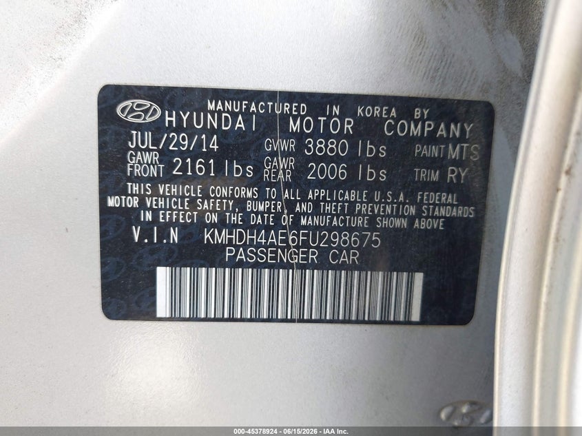 2015 Hyundai Elantra VIN KMHDH4AE6FU298675 IAAI salvage auction — NORMAL WEAR, Repossession Paperwork (Georgia), sold $750 on 2026-07-16 (photo 9)