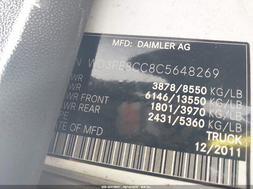 2012 Mercedes-benz Sprinter VIN WD3PE8CC8C5648269 IAAI salvage auction — NORMAL WEAR, Clear (New York), sold $775 on 2026-07-28 (photo 9)