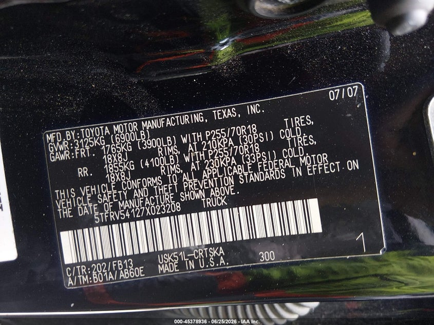 2007 Toyota Tundra VIN 5TFRV54127X023208 IAAI salvage auction — NORMAL WEAR, Original (Texas), sold $3,150 on 2026-07-06 (photo 9)
