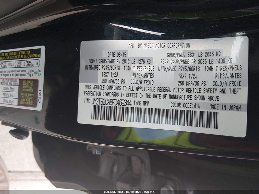 2015 Mazda Cx-9 VIN JM3TB2CA8F0469344 IAAI salvage auction — LEFT FRONT, Salvage (Texas), sold $750 on 2026-07-24 (photo 9)