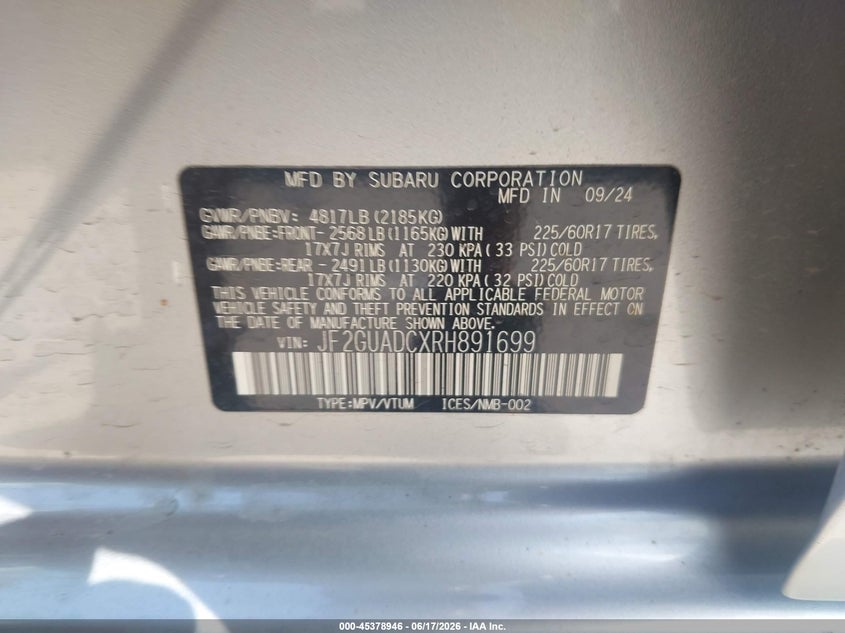 2024 Subaru Xv VIN JF2GUADCXRH891699 IAAI salvage auction — HAIL, Salvage (Ohio), sold $12,750 on 2026-07-07 (photo 9)