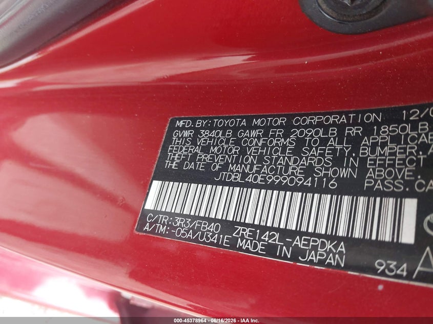 2009 Toyota Corolla VIN JTDBL40E999094116 IAAI salvage auction — FRONT END, Junk Bill Of Sale Mv2459 (Wisconsin), sold $550 on 2026-07-28 (photo 9)