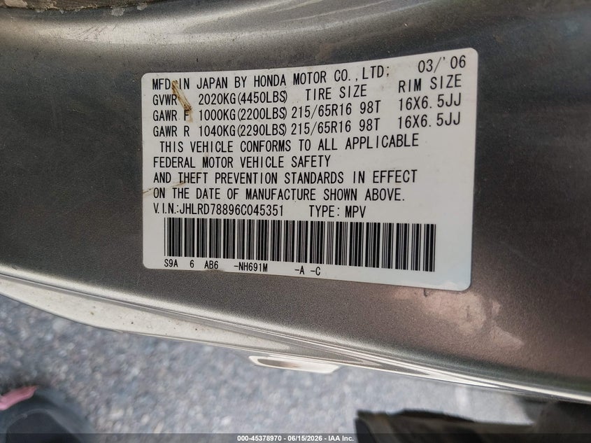 2006 Honda Cr-v VIN JHLRD78896C045351 IAAI salvage auction — ALL OVER, Regular (South Dakota), sold $300 on 2026-07-29 (photo 9)