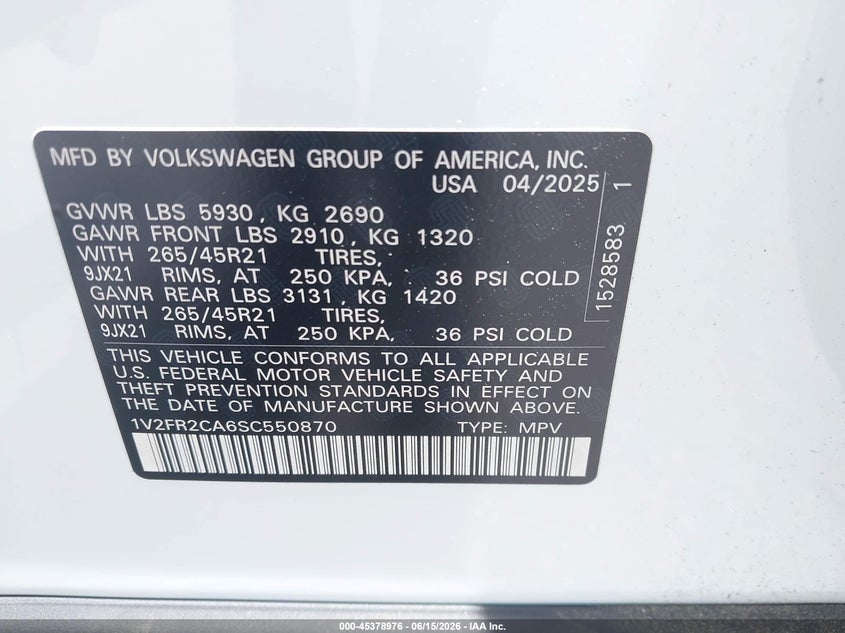 2025 Volkswagen Atlas VIN 1V2FR2CA6SC550870 IAAI salvage auction — Exterior Burn, Clear, sold $26,975 on 2026-09-23 (photo 9)